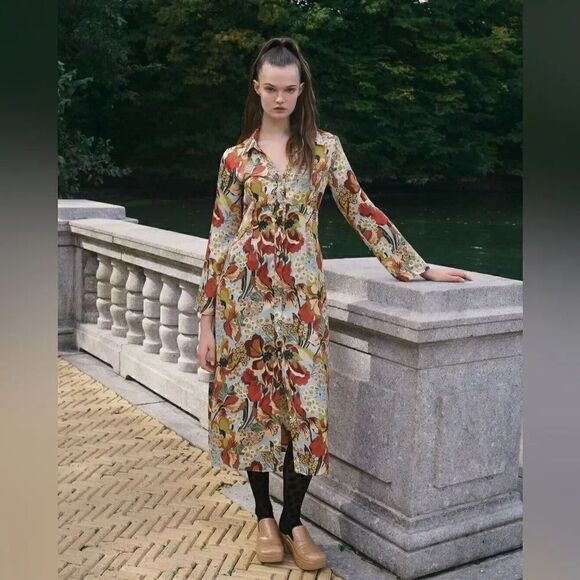 ZARA TROPICAL PRINT SATIN EFFECT DRESS - Picture 1 of 8